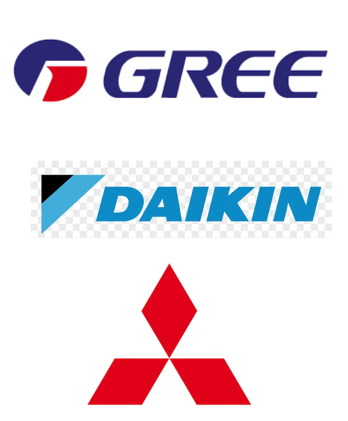 Logos des marques leaders de thermopompes murales : Daikin, Mitsubishi, Gree
