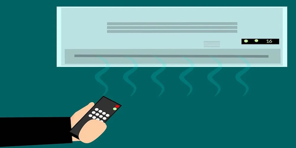 A flat-style digital illustration of an indoor wall-mounted mini-split air conditioner against a teal background. A hand in the foreground holds a black remote control aimed at the unit, which is emitting wavy blue lines representing cool airflow. The unit’s digital display shows the number 16.
